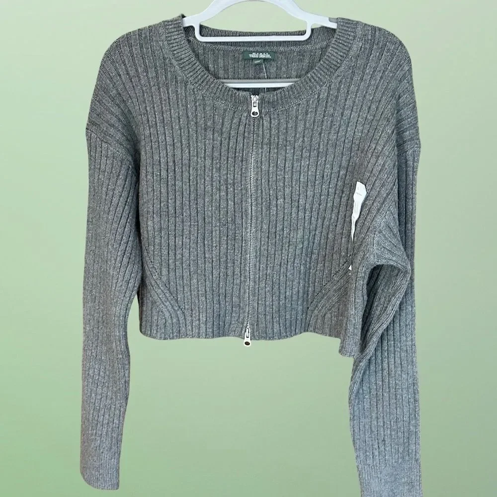 NWT Wild Fable Front Zip Long Sleeve Gray Ribbed Sweater Size Large
